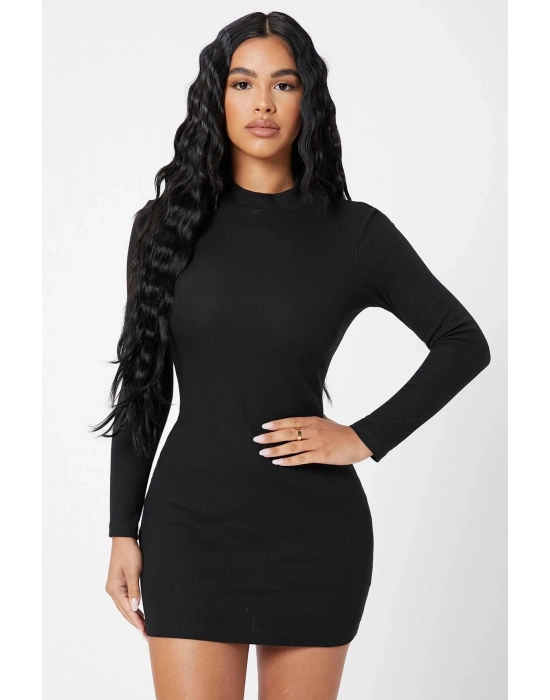 Kadın Siyah Kaşkorse Balıkçı Yaka Uzun Kollu Bodycon Mini Elbise