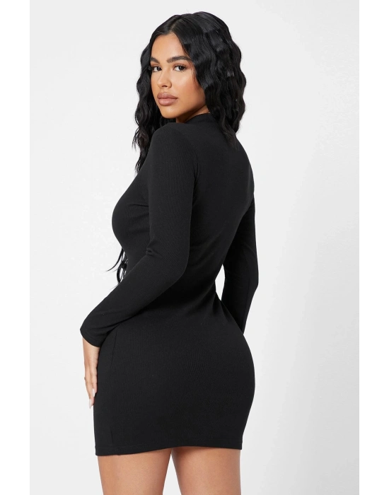 Kadın Siyah Kaşkorse Balıkçı Yaka Uzun Kollu Bodycon Mini Elbise
