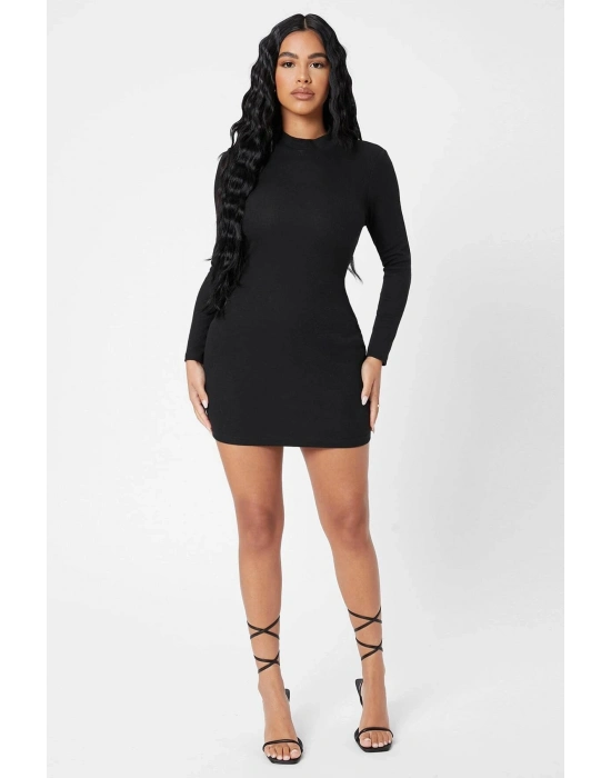 Kadın Siyah Kaşkorse Balıkçı Yaka Uzun Kollu Bodycon Mini Elbise