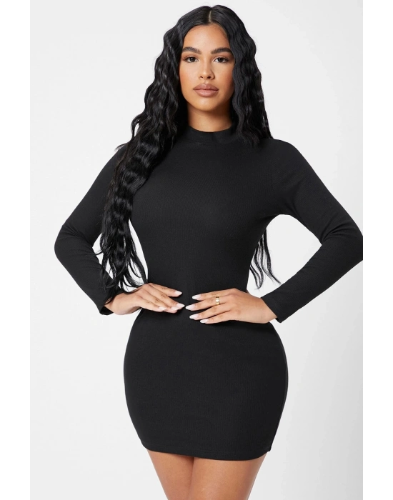 Kadın Siyah Kaşkorse Balıkçı Yaka Uzun Kollu Bodycon Mini Elbise