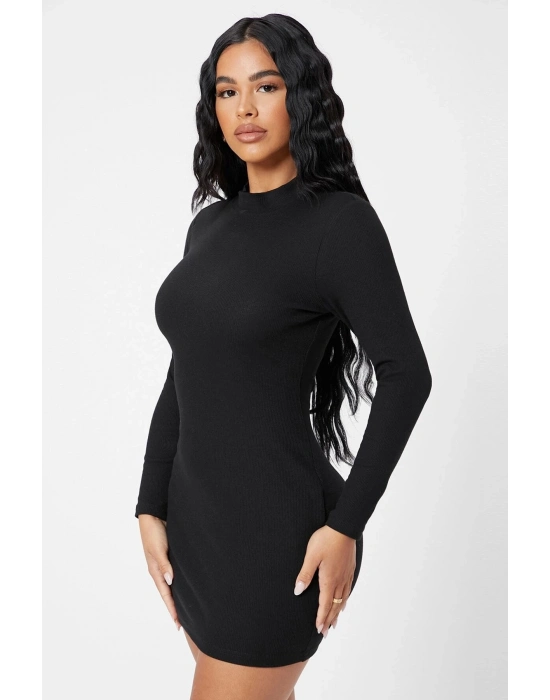 Kadın Siyah Kaşkorse Balıkçı Yaka Uzun Kollu Bodycon Mini Elbise