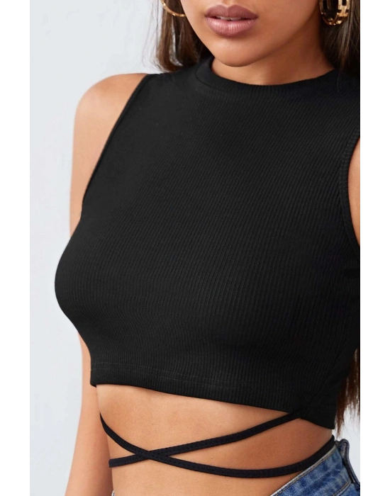 Kadın Siyah Çapraz Bağlamalı Crop Top Büstiyer
