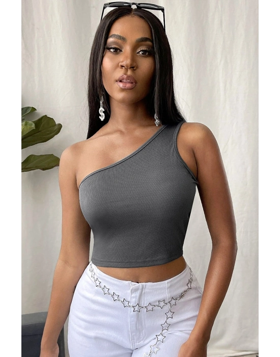 Kadın Koyu Gri Tek Omuz Crop Büstiyer