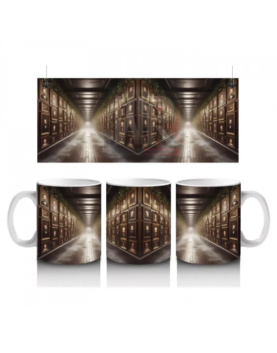 Loş Işıklı Gotik Koridorda Korku Temalı Cadılar Bayramı Baskılı Kupa Bardak