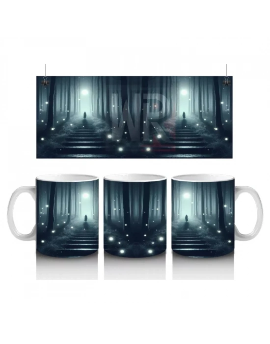 Loş Işıklı Uzun Koridorda Gotik Korku Temalı Cadılar Bayramı Baskılı Kupa Bardak