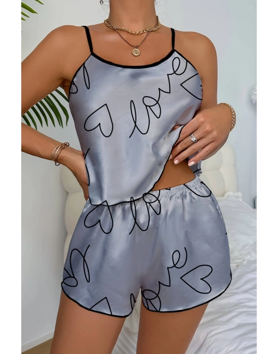 Love Baskılı Gri Saten Şortlu Gecelik Takım