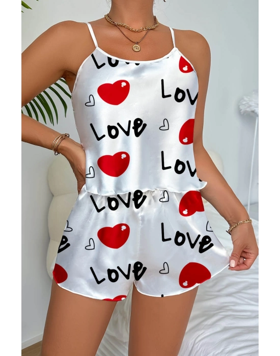Love Desenli Beyaz Saten Şortlu Gecelik Takım