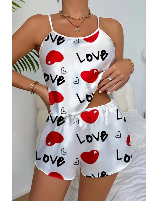 Love Desenli Beyaz Saten Şortlu Gecelik Takım