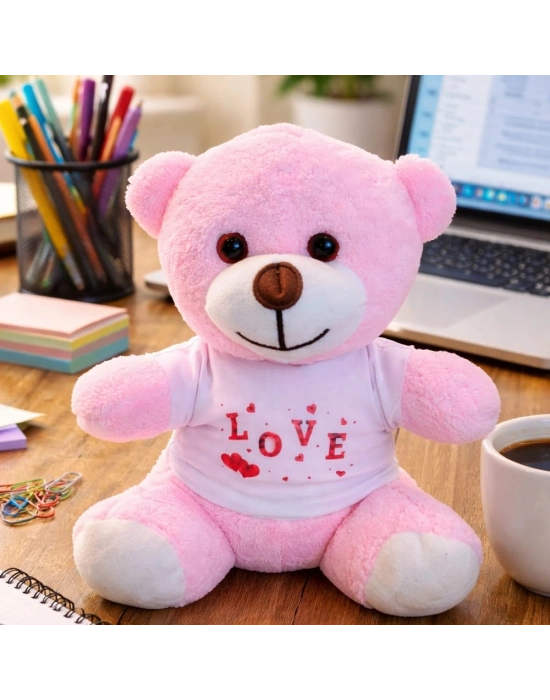 Love Tişörtlü Pembe Peluş Ayıcık