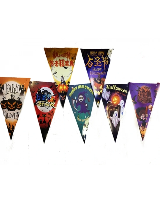 Lüks Baskılı Üçgen Model Halloween Banner Süs Bayrak 8 Li