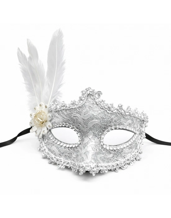 Lüks Beyaz Tüylü Venedik Maskesi – Taşlı Dantel Tasarım