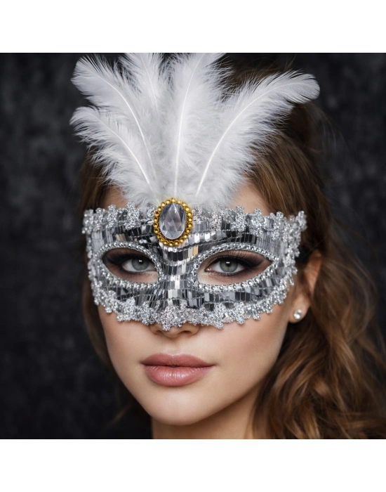 Lüks Gümüş Tüylü Taşlı Balo Maskesi