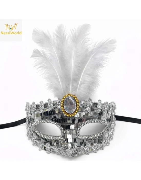 Lüks Gümüş Tüylü Taşlı Balo Maskesi