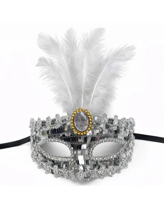 Lüks Gümüş Tüylü Taşlı Balo Maskesi