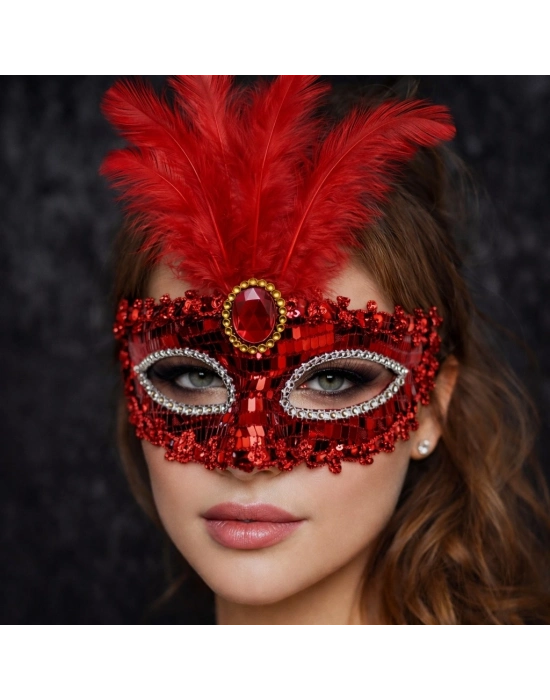 Lüks Kırmızı Tüylü Taşlı Balo Maskesi