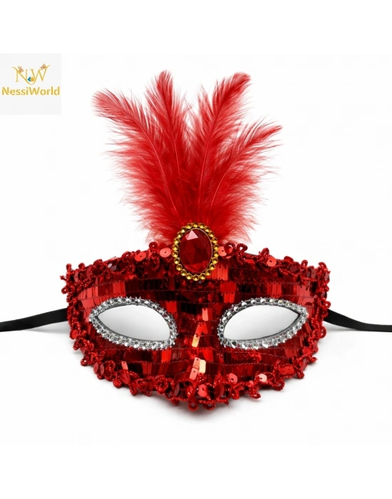 Lüks Kırmızı Tüylü Taşlı Balo Maskesi