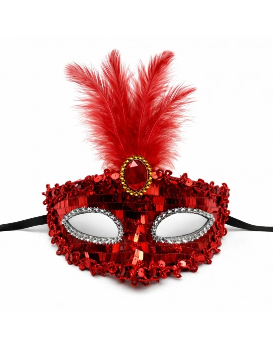 Lüks Kırmızı Tüylü Taşlı Balo Maskesi