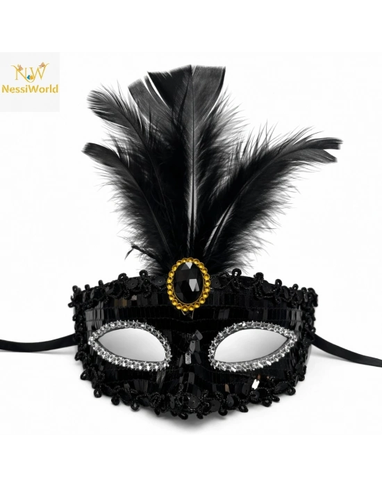 Lüks Siyah Tüylü Taşlı Balo Maskesi