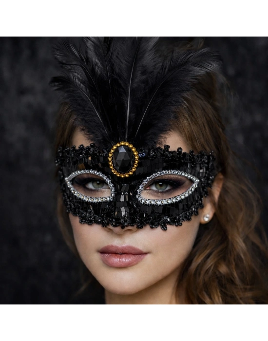 Lüks Siyah Tüylü Taşlı Balo Maskesi