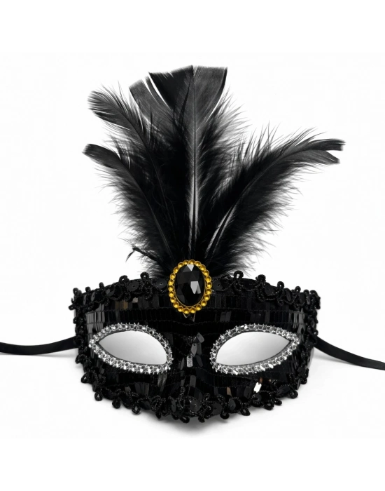 Lüks Siyah Tüylü Taşlı Balo Maskesi
