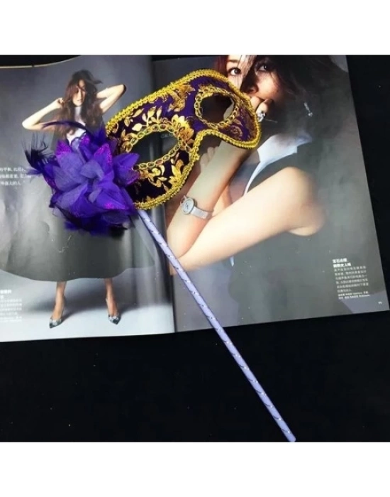 Lüks Taşlı Saplı Balo Maskesi Mor Renk