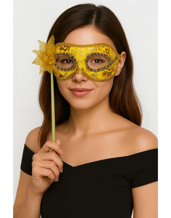 Lüks Taşlı Saplı Maskeli Balo Maskesi Altın Renk 35 Cm