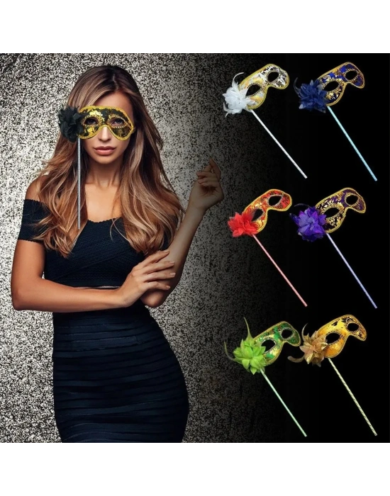 Lüks Taşlı Saplı Maskeli Balo Maskesi Mor Renk 35 Cm