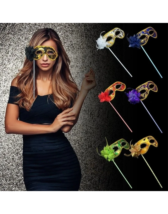 Lüks Taşlı Saplı Maskeli Balo Maskesi Mor Renk 35 cm