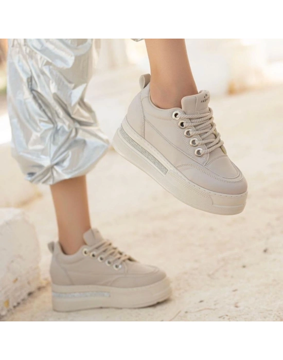 Lulu Bej Cilt Bağcıklı Spor Ayakkabı