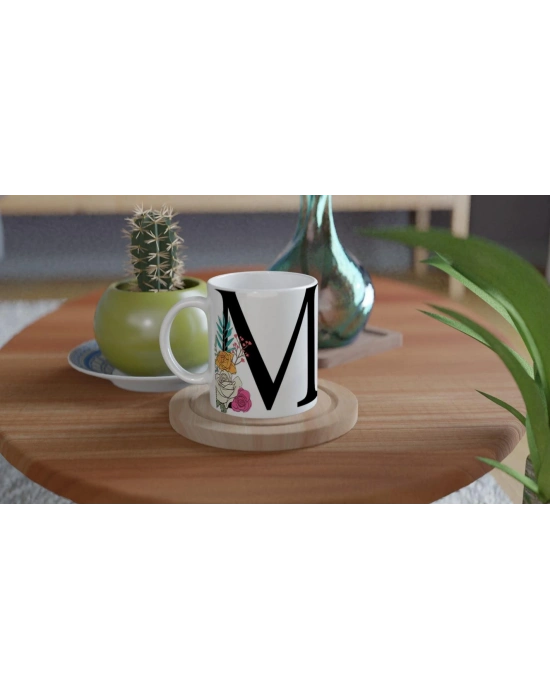 M Harfi Çiçek Motifli Kupa Bardak