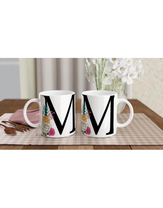 M Harfi Çiçek Motifli Kupa Bardak