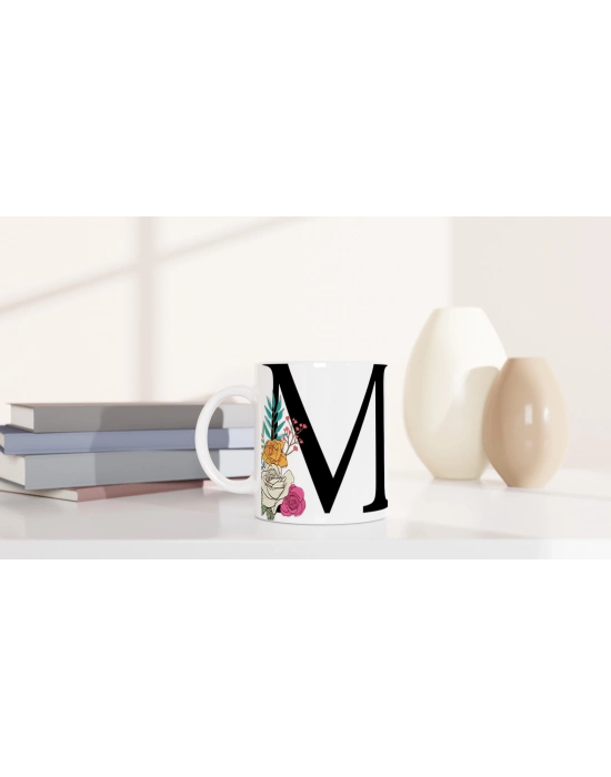 M Harfi Çiçek Motifli Kupa Bardak