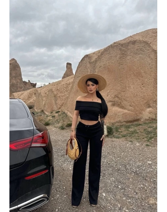 Madonna yaka bol paça pantolonlu takım