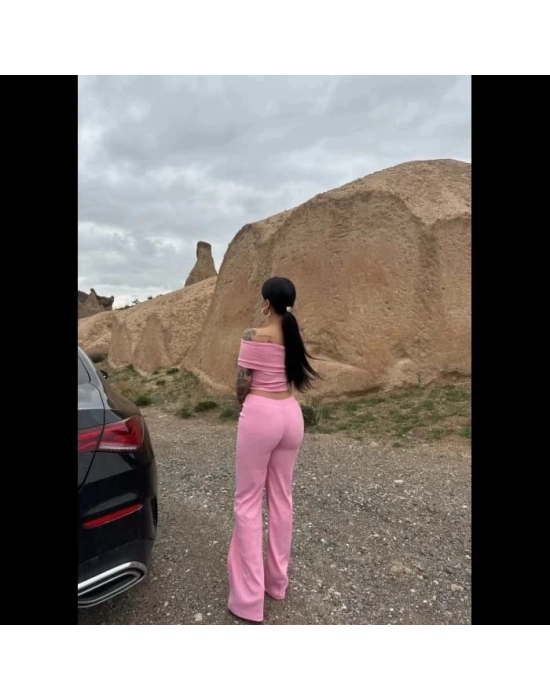 Madonna yaka bol paça pantolonlu takım