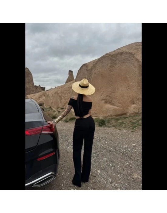 Madonna yaka bol paça pantolonlu takım