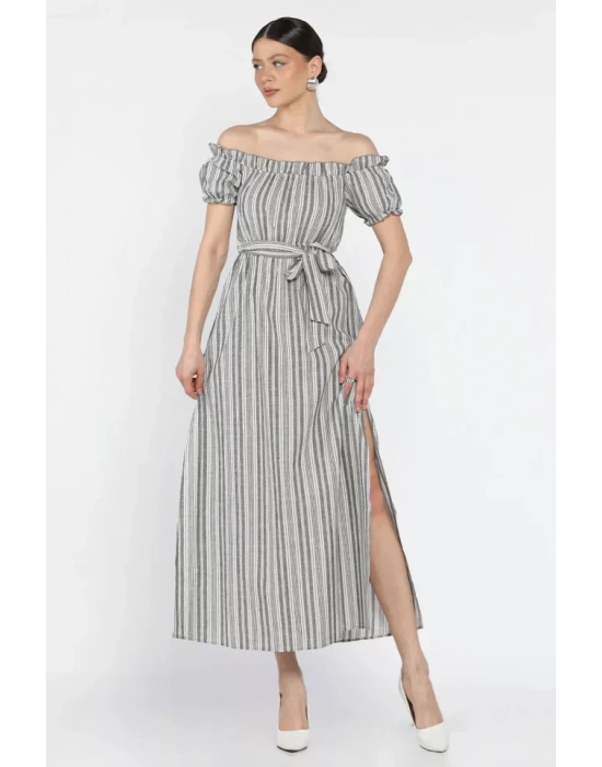 Madonna yaka midi yırtmaçlı kuşaklı keten elbise