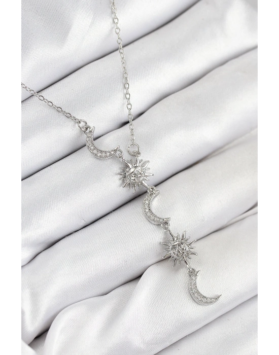 316L Çelik Zirkon Taşlı Güneş Ve Ay Model Gümüş Renk Kadın Kolye