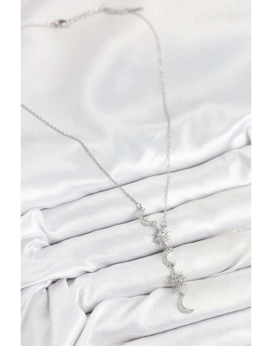 316L Çelik Zirkon Taşlı Güneş Ve Ay Model Gümüş Renk Kadın Kolye