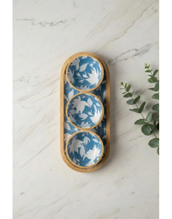 Mango Agacı Standlı Üçlü Kase Seti & Sunum Ve Servis Seti Desenli