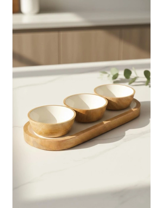 Mango Agacı Standlı Üçlü Kase Seti & Sunum Ve Servis Seti Krem