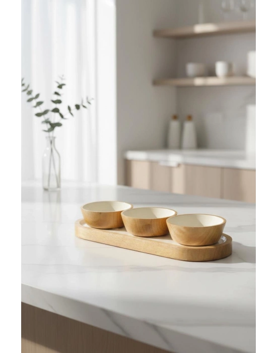 Mango Agacı Standlı Üçlü Kase Seti & Sunum Ve Servis Seti Krem