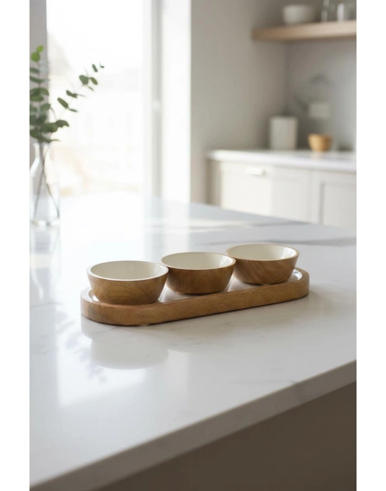 Mango Agacı Standlı Üçlü Kase Seti & Sunum Ve Servis Seti Krem