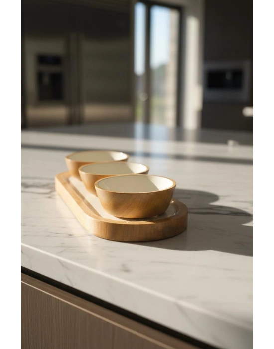 Mango Agacı Standlı Üçlü Kase Seti & Sunum Ve Servis Seti Krem