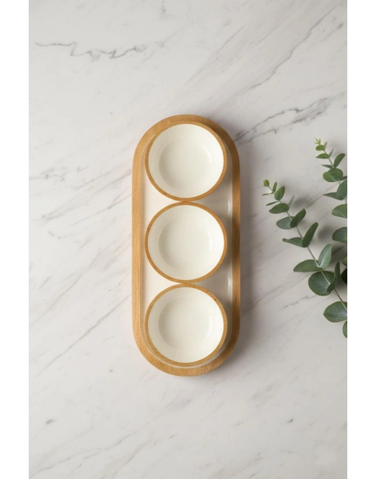 Mango Agacı Standlı Üçlü Kase Seti & Sunum Ve Servis Seti Krem