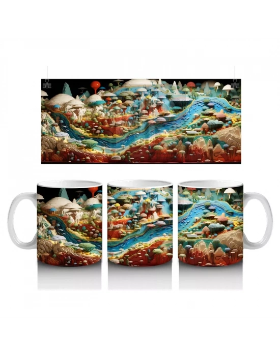 Mantar Evler ve Nehir Manzaralı Masalsı Dünya – Baskılı Kahve Kupası