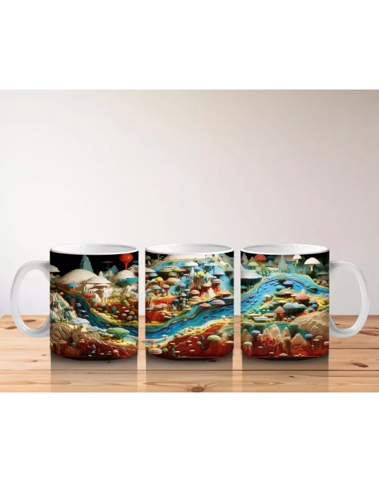 Mantar Evler ve Nehir Manzaralı Masalsı Dünya – Baskılı Kahve Kupası