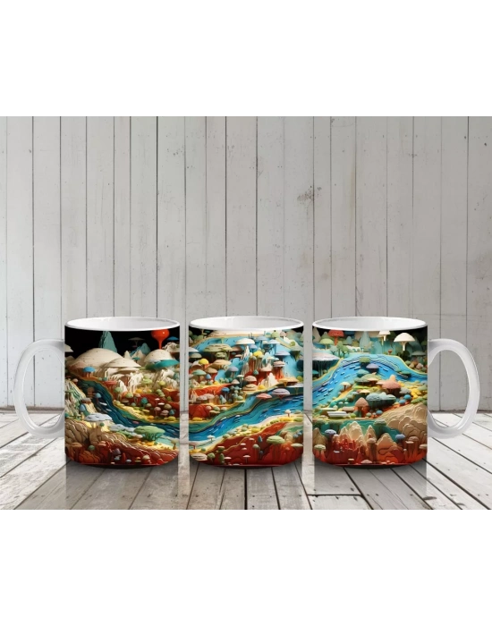 Mantar Evler ve Nehir Manzaralı Masalsı Dünya – Baskılı Kahve Kupası