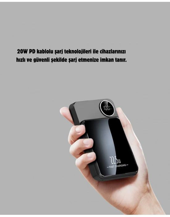 Manyetik Powerbank 15W Wireless Hızlı Şarj LED Ekranlı