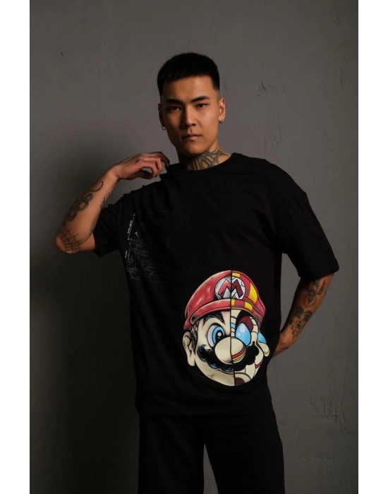 Mario Baskılı Oversize T-Shirt - Siyah -