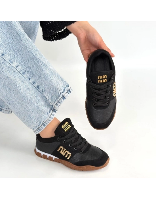 Marje Siyah Cilt Bağcıklı Spor Ayakkabı